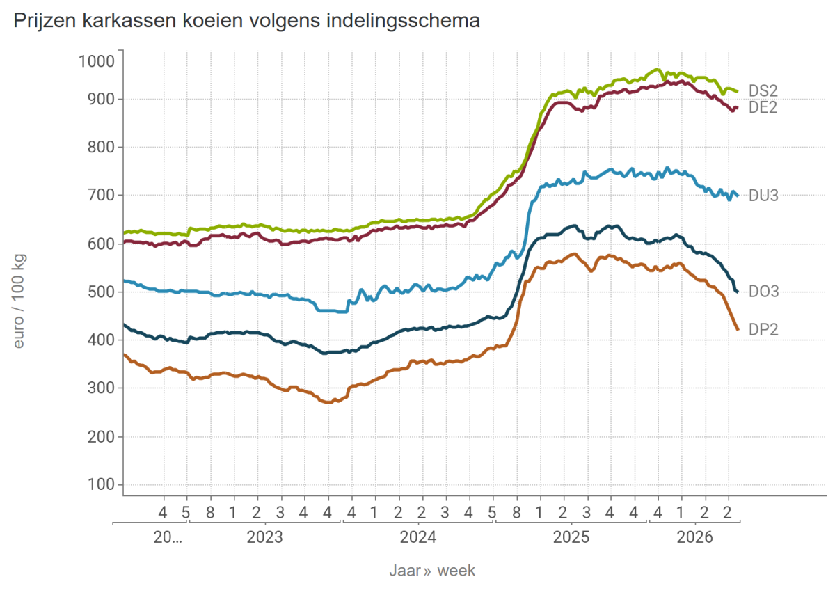 Prijzen karkassen koeien volgens indelingsschema